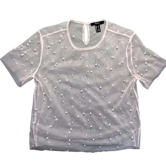 Forever 21 Women Sheer Pearl Mesh Top Medium Coquette SoftGirl Fairycore Y2K - Picture 2 of 6
